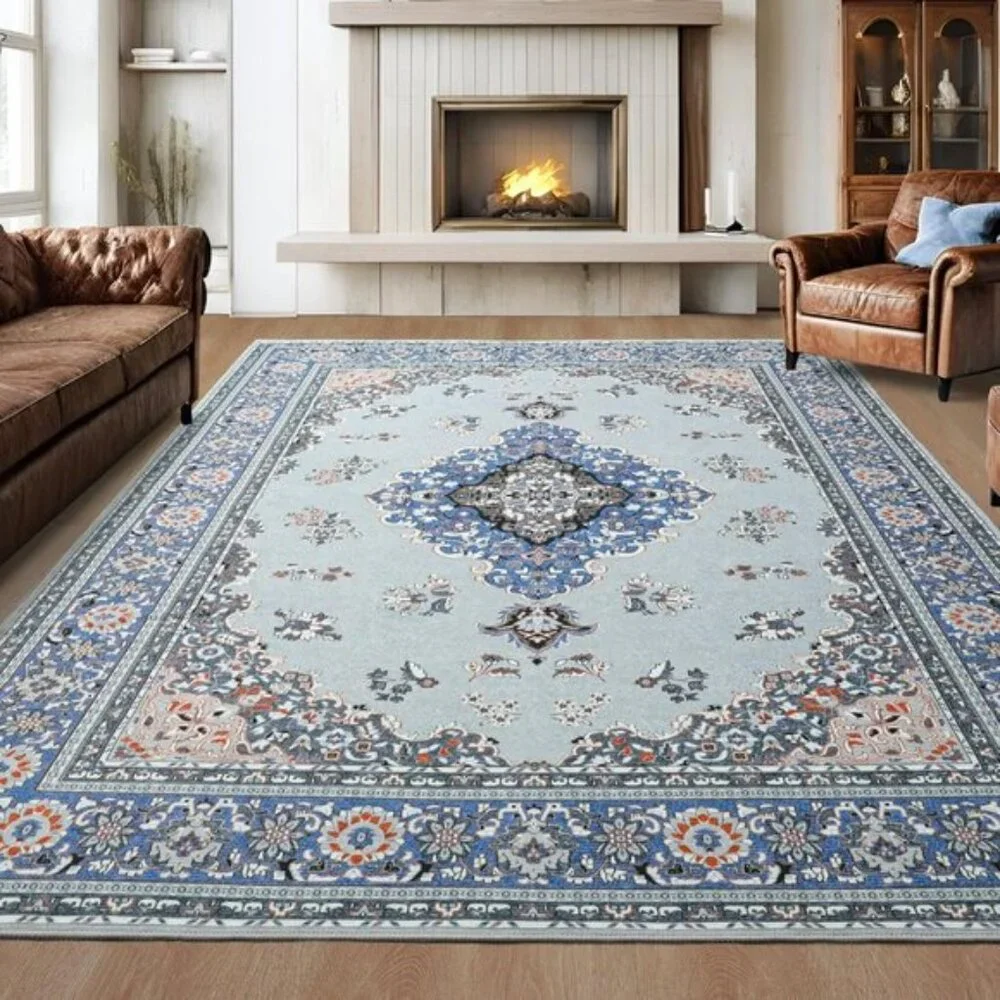 New 6x9 Grey Blue Area Rug, Washable Vintage Low Pile Non-Slip Carpet for Home